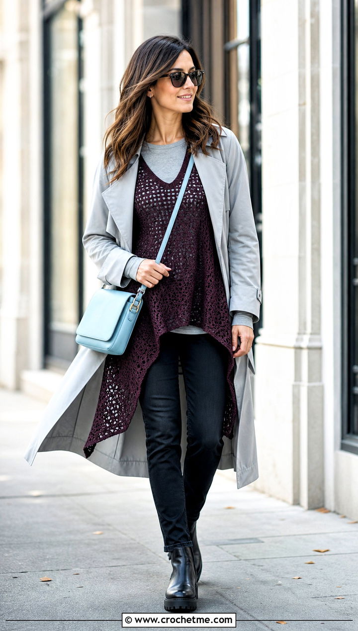 High Low Crochet Flowy Top With Black Jeans - 15 crochet flowy top outfit ideas