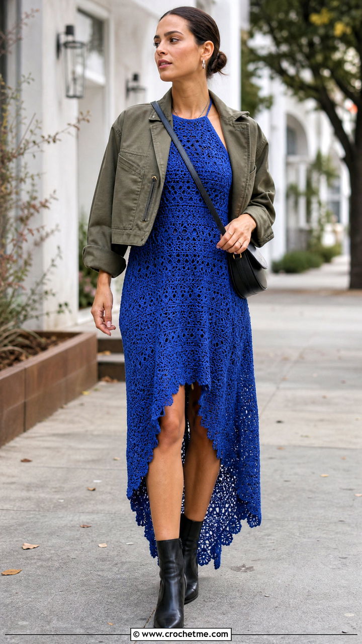 High Low Crochet Halter Dress With Ankle Boots - 35 crochet halter dress outfit ideas