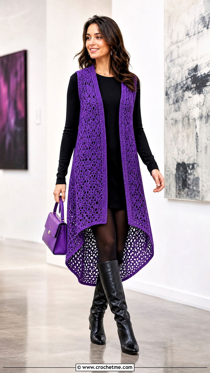 High Low Crochet Long Vest With Mini Dress - 35 Crochet Long Vest outfit ideas