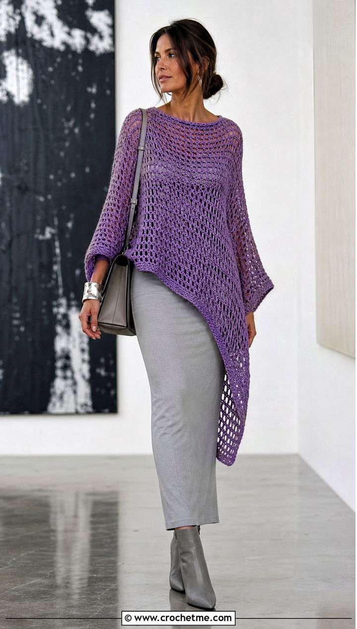 High Low Crochet Mesh Sweater Over A Column Dress - 35 oversized crochet mesh sweater outfit ideas