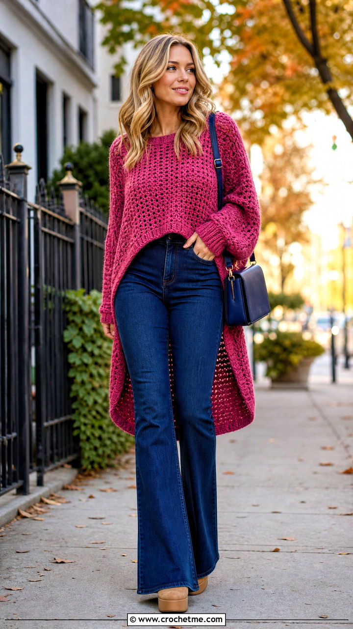 High Low Crochet Oversized Sweater With Flared Jeans - 35 crochet oversized sweater outfit ideas