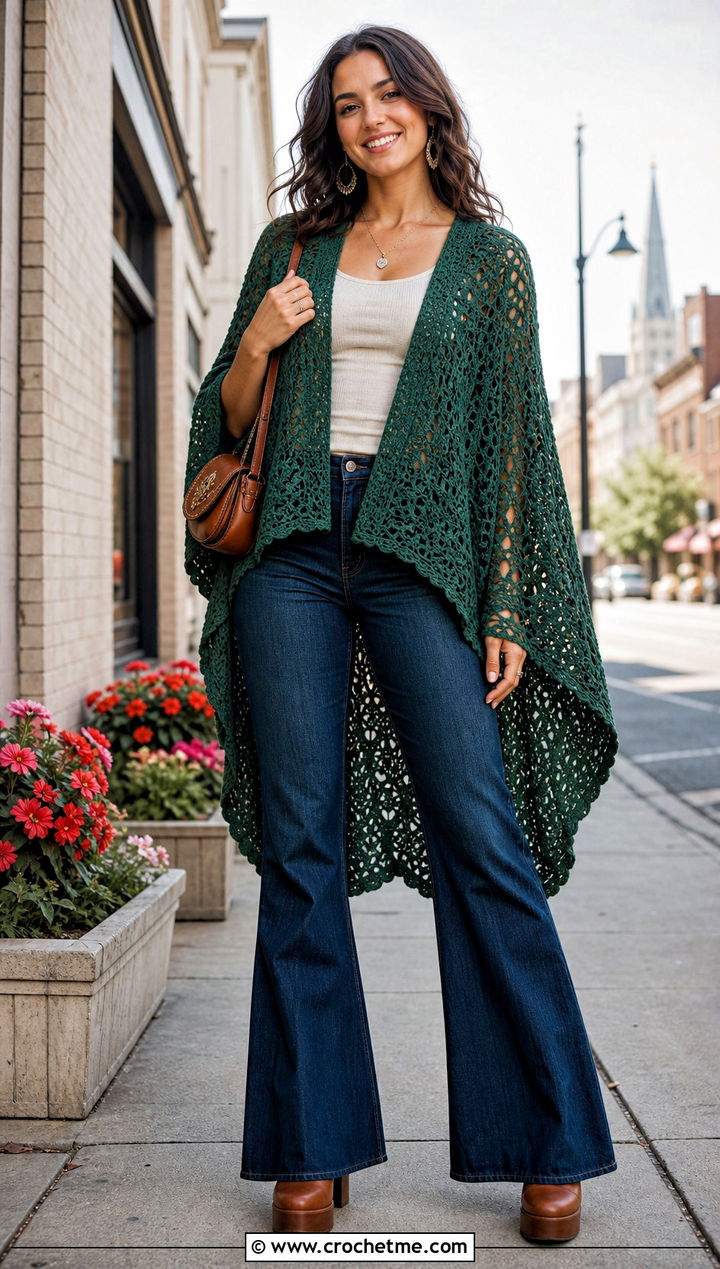 High Low Crochet Poncho Top With Flared Jeans - 25 Crochet Poncho Top outfit ideas