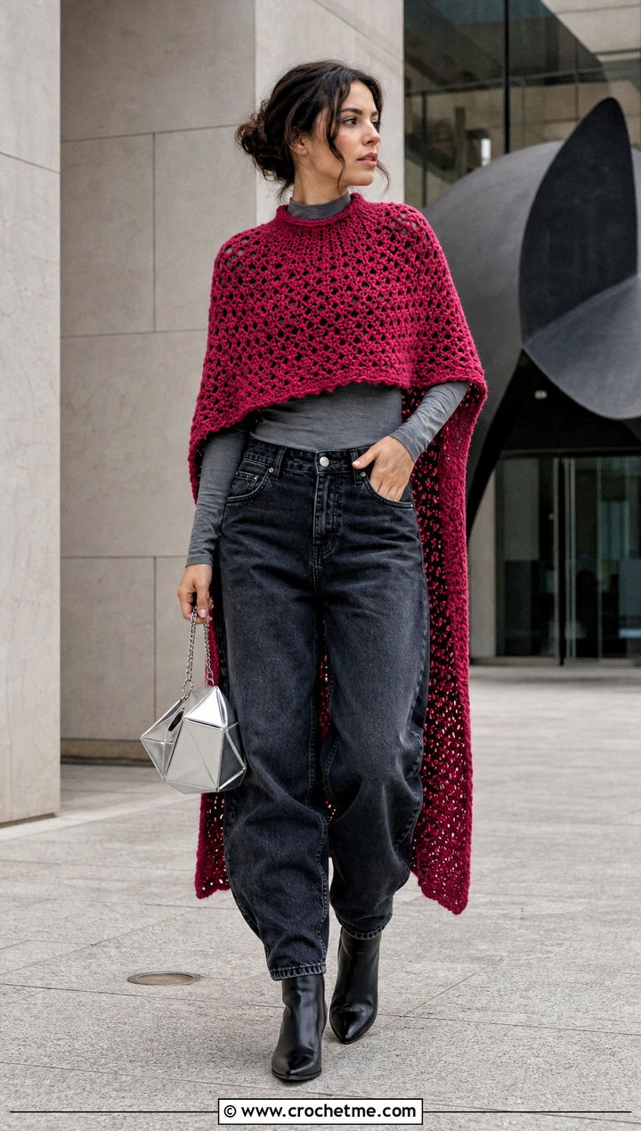 High Low Crochet Poncho With Barrel Jeans - 25 Easy Simple Crochet Poncho outfit ideas