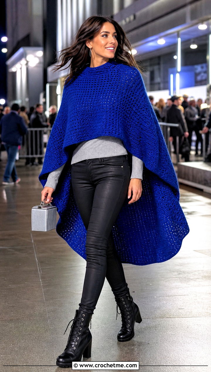 High Low Crochet Poncho With Coated Jeans - 30 woman winter crochet poncho outfit ideas
