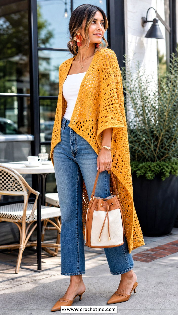 High Low Crochet Poncho With Cropped Jeans - 20 crochet lightweight poncho outfit ideas