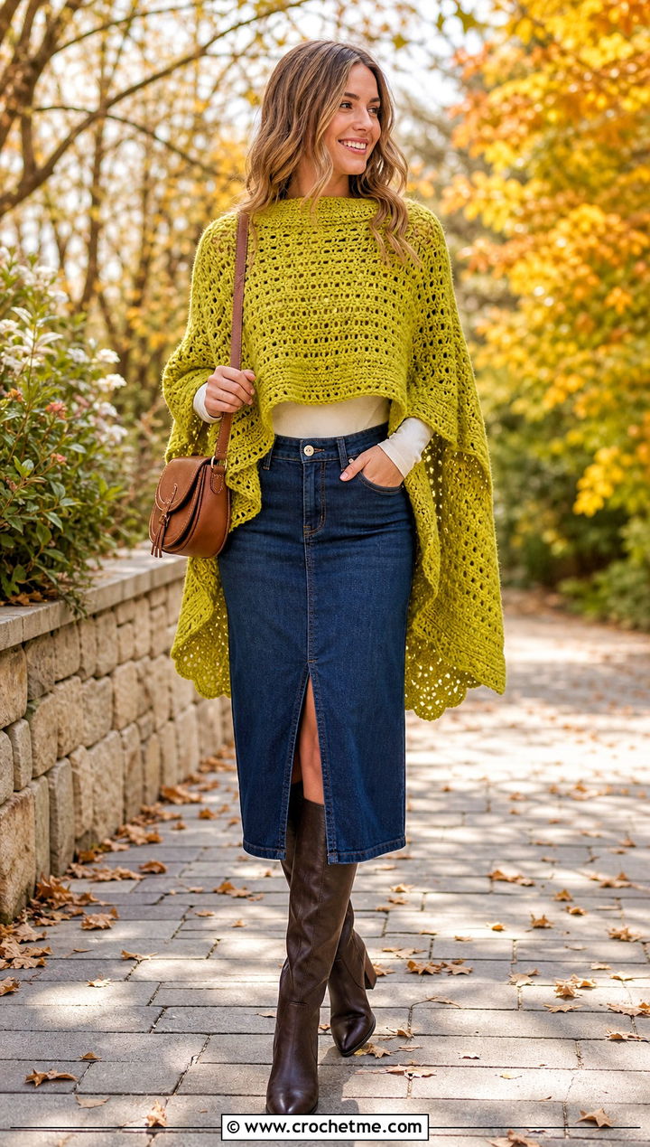 High Low Crochet Poncho With Denim Skirt - 15 diy crochet poncho outfit ideas