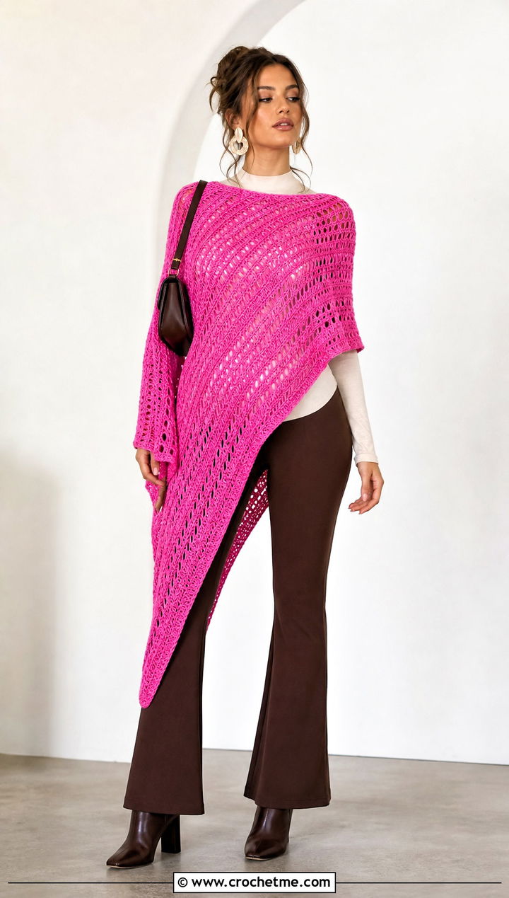High Low Crochet Poncho With Flared Pants - 15 Crochet For Ponchos For Women outfit ideas
