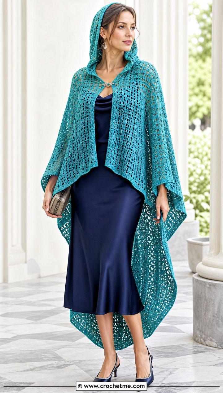 High Low Crochet Poncho With Hood And Midi Skirt - 35 crochet poncho with hood outfit ideas