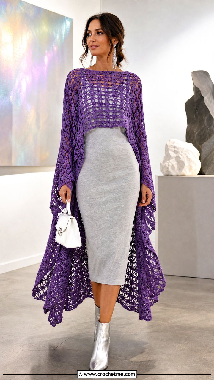 High Low Crochet Poncho With Midi Dress - 35 easy crochet poncho woman outfit ideas