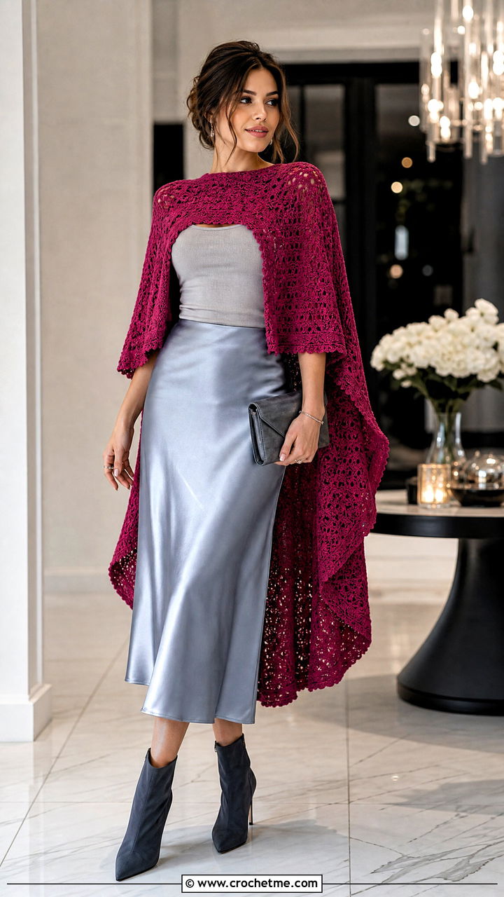 High Low Crochet Poncho With Satin Midi Skirt - 35 crochet ponchos outfit ideas