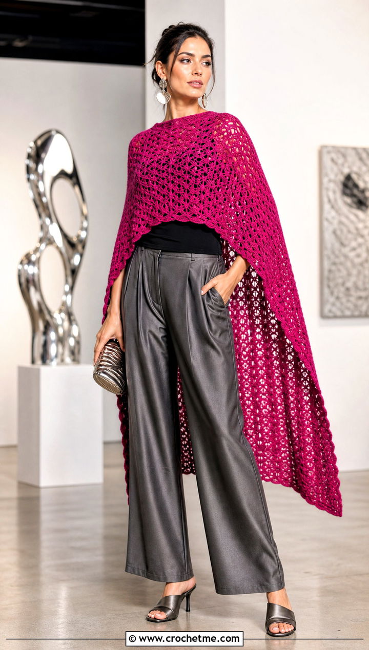 High Low Crochet Poncho With Satin Pants - 20 Crochet Fall Poncho outfit ideas
