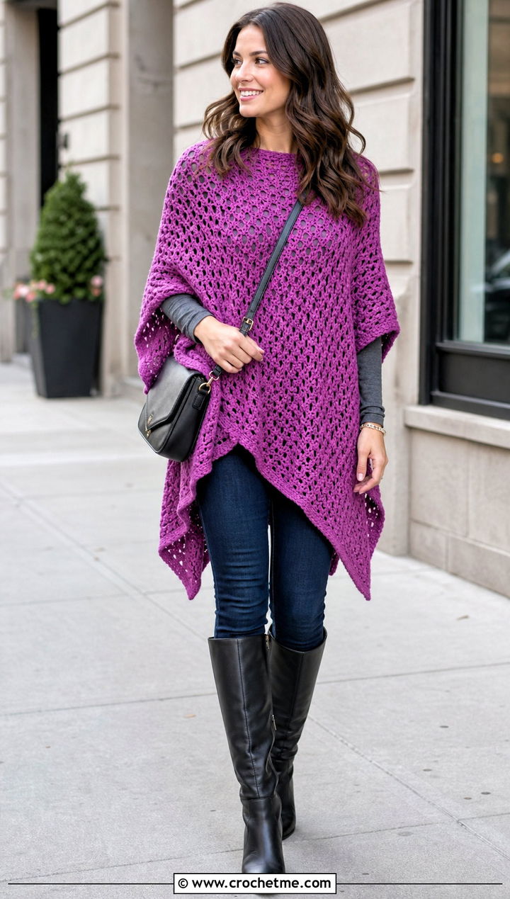 High Low Crochet Poncho With Skinny Jeans - 25 Simple Crochet Poncho outfit ideas