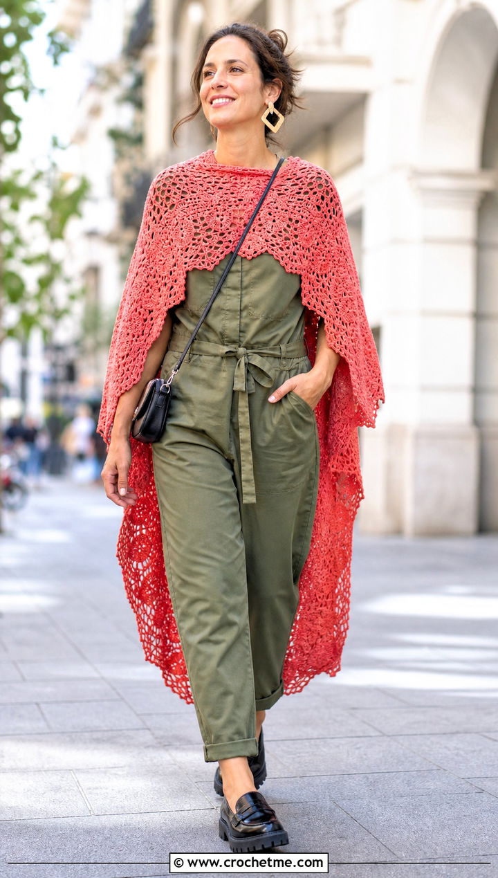 High Low Crochet Poncho With Utility Jumpsuit - 25 Crochet For Poncho outfit ideas