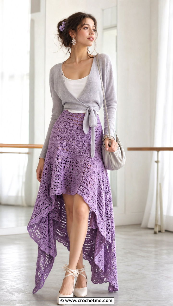 High Low Crochet Skirt With Ballet Cardigan - 15 Crochet Skirt Fairycore outfit ideas