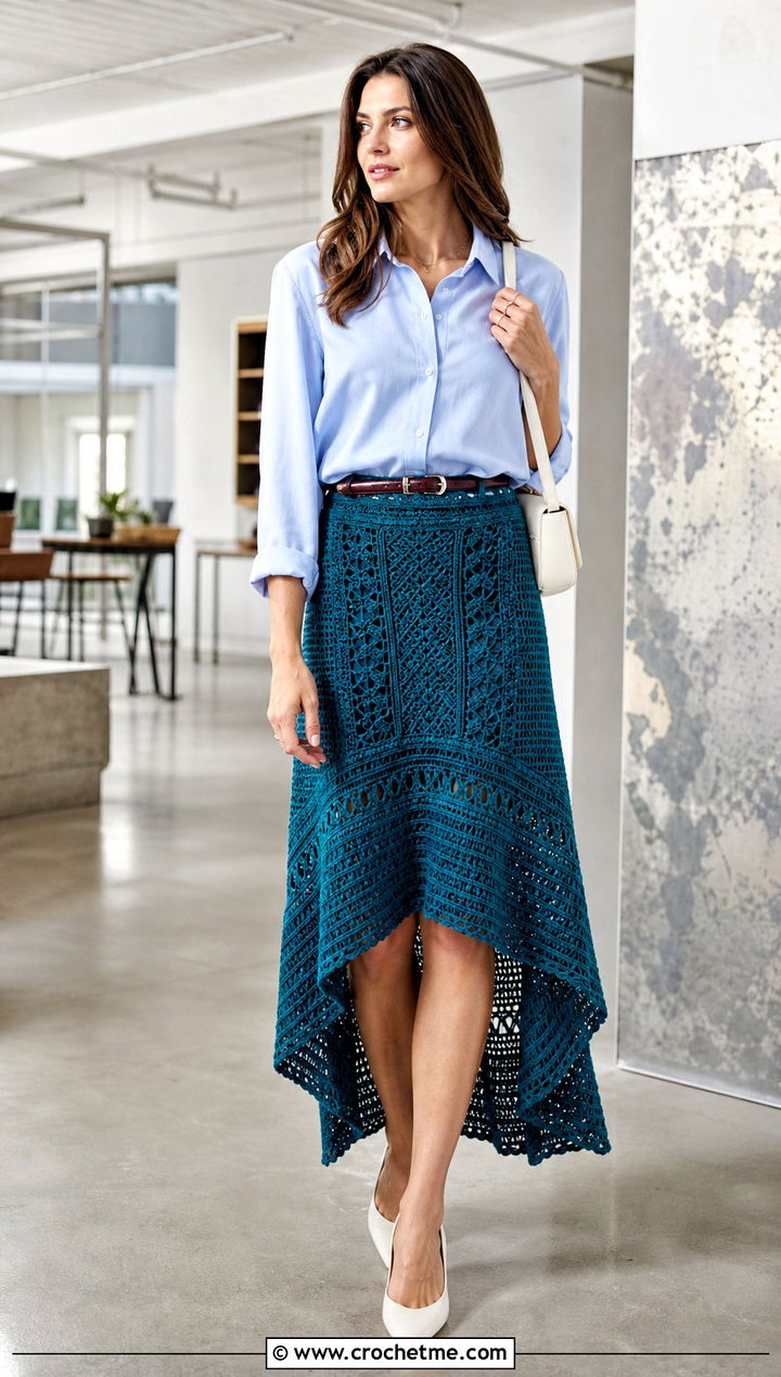 High Low Crochet Skirt With Button Down Shirt - 30 Crochet Asymmetrical Skirt outfit ideas
