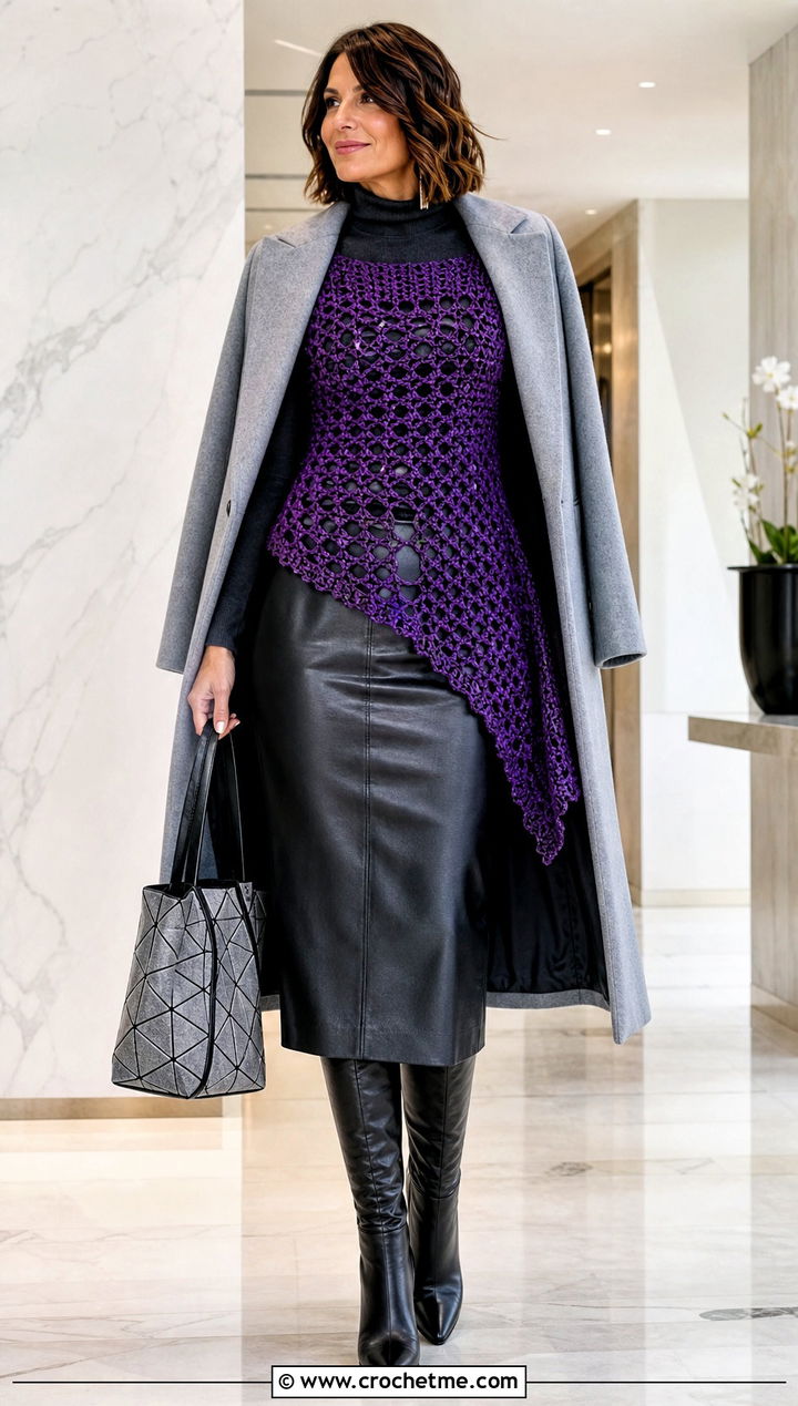 High Low Crochet Top With Faux Leather Midi Skirt - 35 winter crochet top outfit ideas