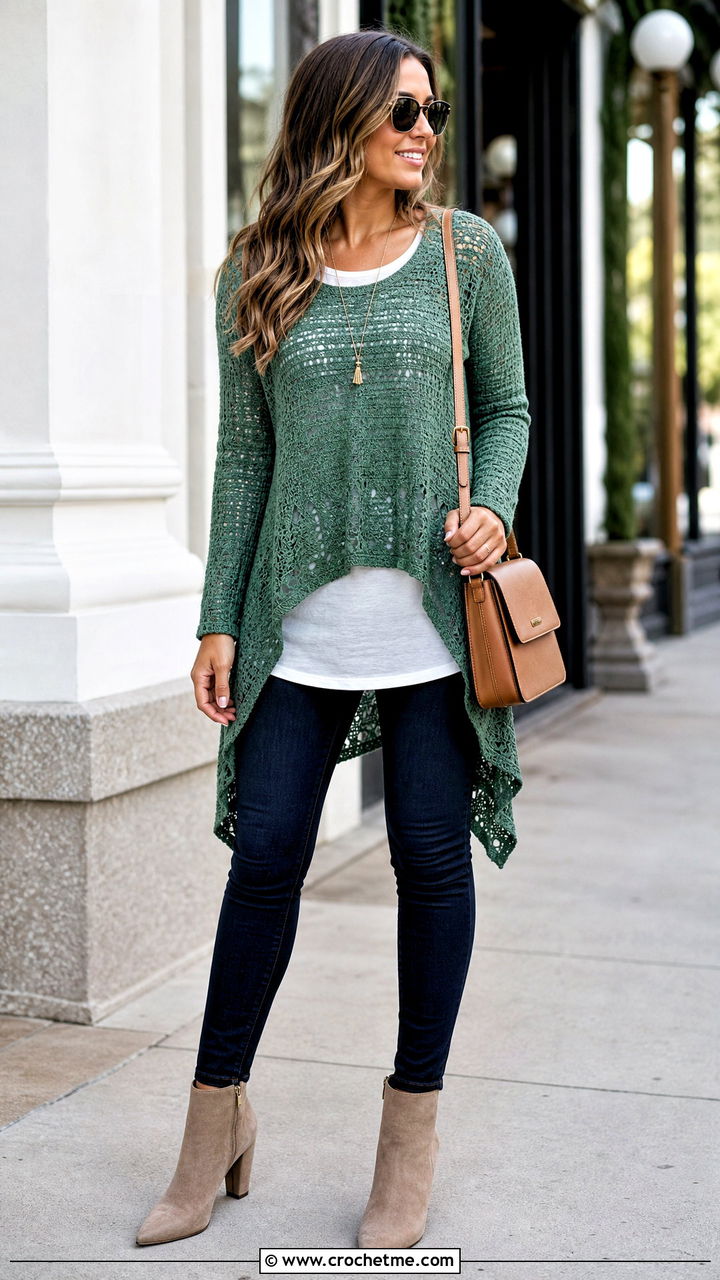 High Low Crochet Tunic With Skinny Jeans - 35 crochet tunic outfit ideas