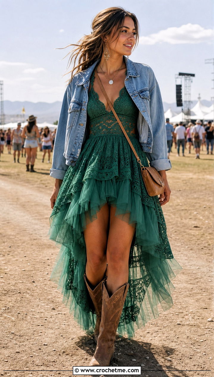 High Low Crochet Tutu Dress With Western Boots - 35 Crochet Tutu Dress outfit ideas