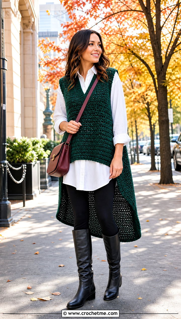 High Low Crochet V Neck Vest With Leggings And Riding Boots - 30 crochet v neck vest outfit ideas
