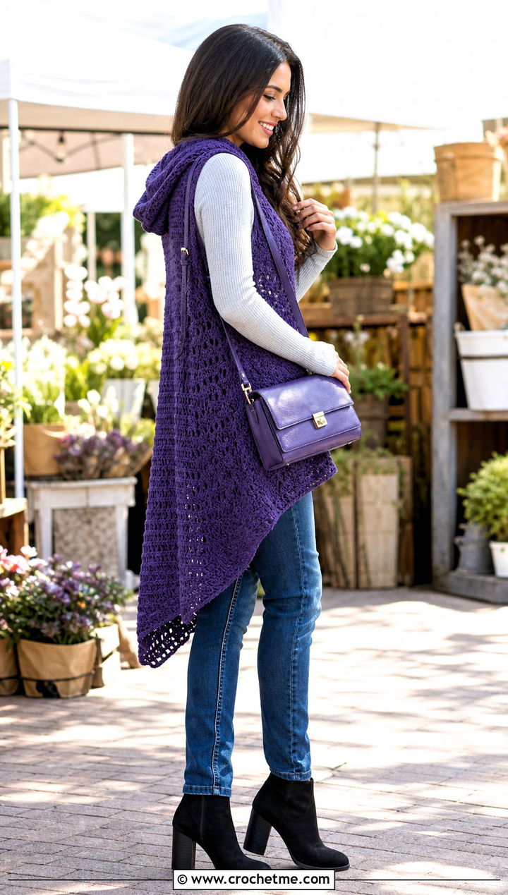 High Low Crochet Vest With Hood And Slim Jeans - 30 crochet vest with hood outfit ideas