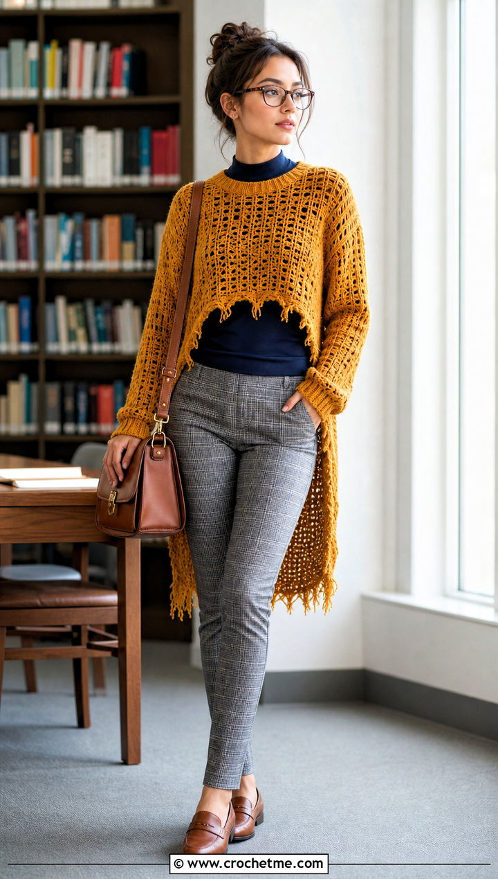 High Low Distressed Crochet Sweater With Plaid Trousers - 35 distressed crochet sweater outfit ideas
