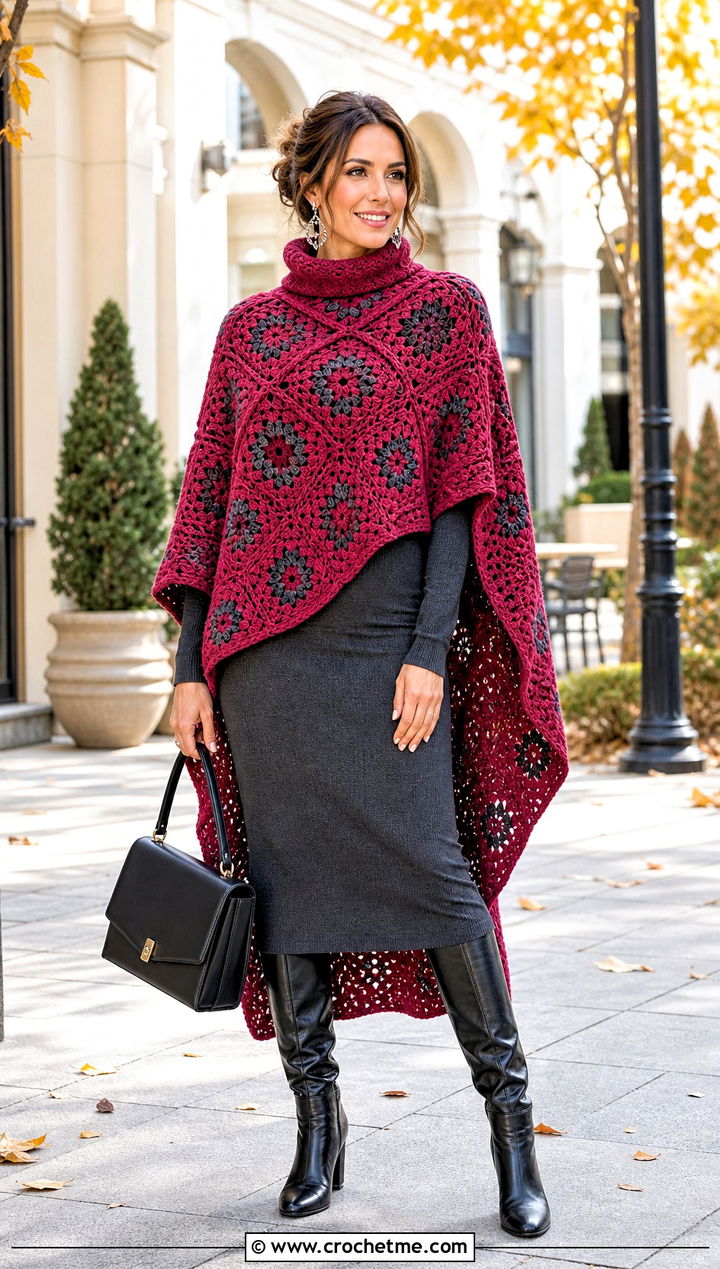 High Low Granny Square Poncho With Knit Dress - 25 Granny Squares Poncho outfit ideas