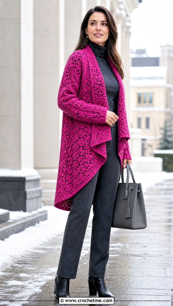 High Low Hem Hex Crochet Cardigan With Turtleneck And Straight Pants - 35 hex crochet cardigan outfit ideas