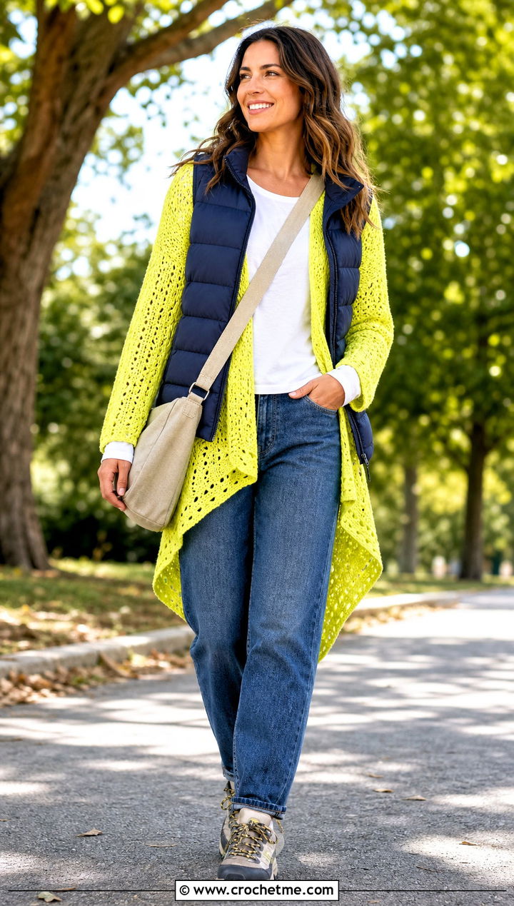 High Low Hem Hexi Cardigan With Puffer Vest And Jeans - 35 crochet hexi cardigan outfit ideas