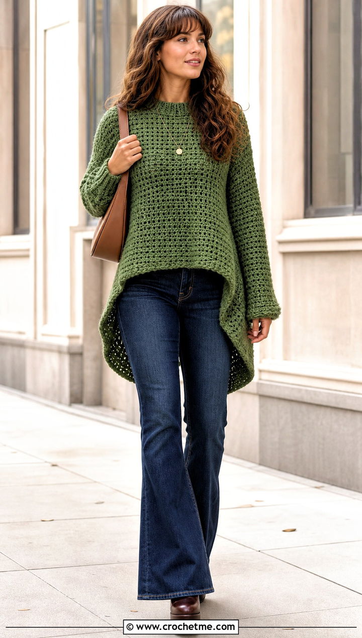 High Low Hem Thick Yarn Crochet Sweater With Flared Jeans - 25 thick yarn crochet sweater outfit ideas