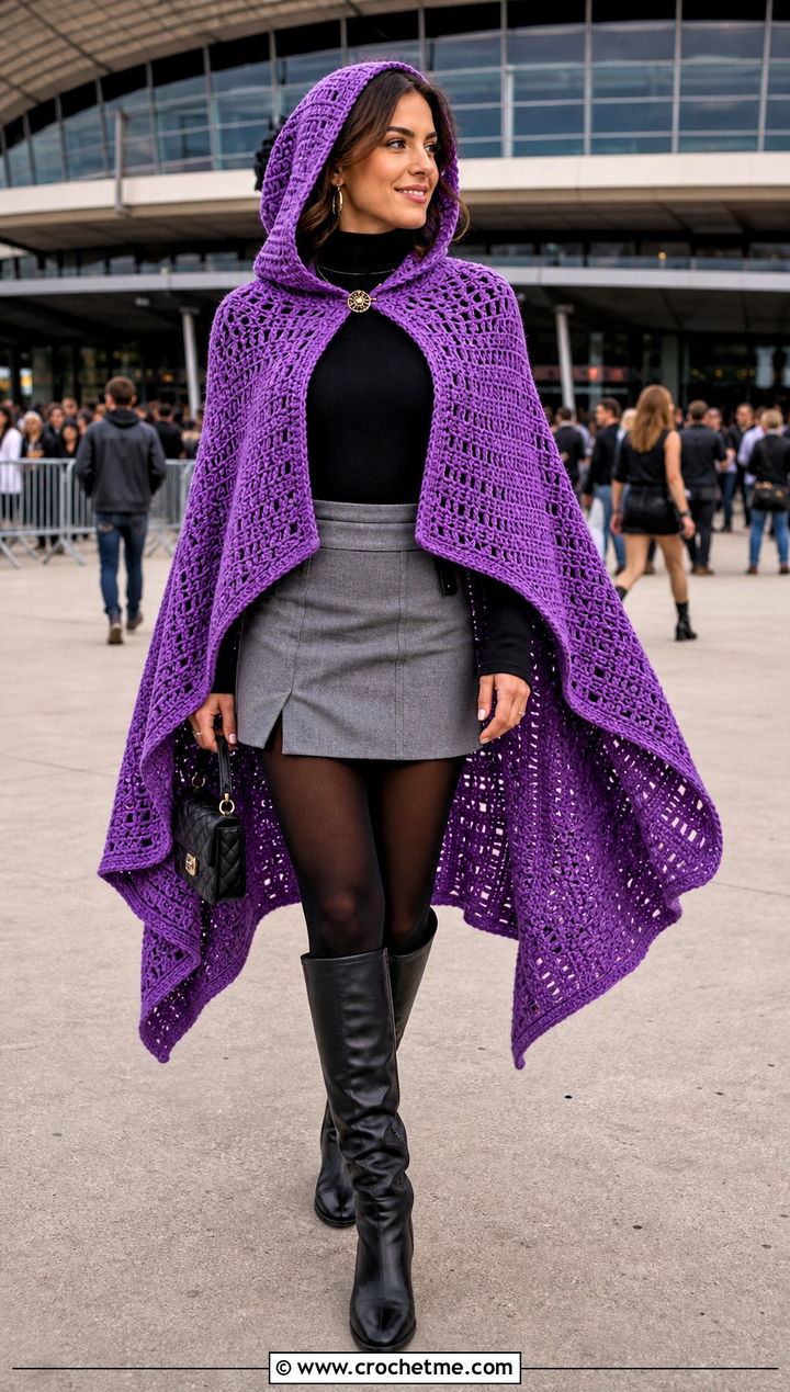 High Low Hooded Crochet Cape With Mini Skirt And Boots - 25 Hooded Crochet Cape outfit ideas