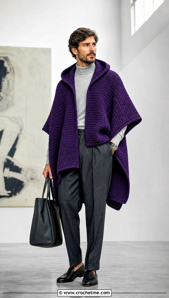 High Low Hooded Crochet Poncho With Tailored Trousers - 15 mens hooded crochet poncho outfit ideas