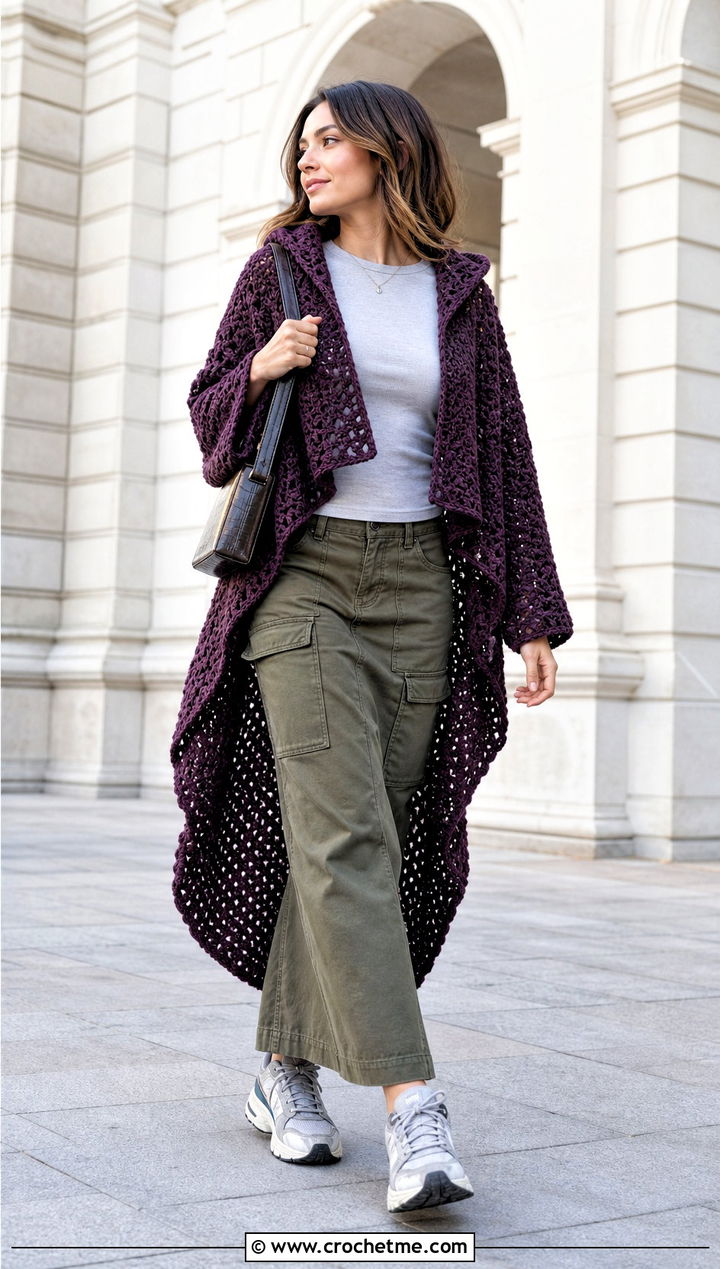 High Low Hooded Crochet Shrug With Cargo Maxi Skirt - 25 hooded crochet shrug outfit ideas