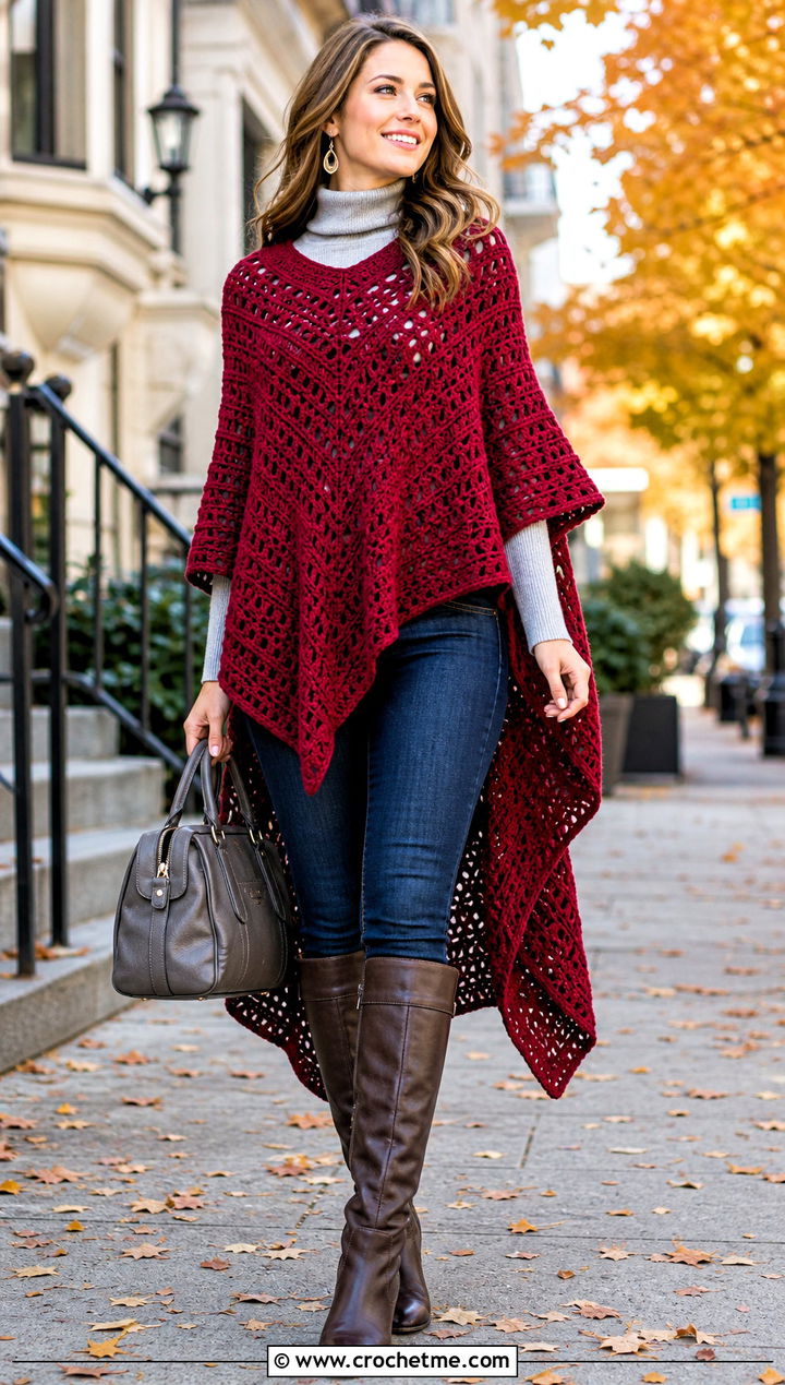 High Low Lightweight Crochet Poncho With Skinny Jeans - 15 Lightweight Crochet Poncho outfit ideas
