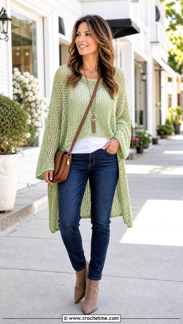 High Low Loose Crochet Sweater With Slim Jeans - 30 loose crochet sweater outfit ideas