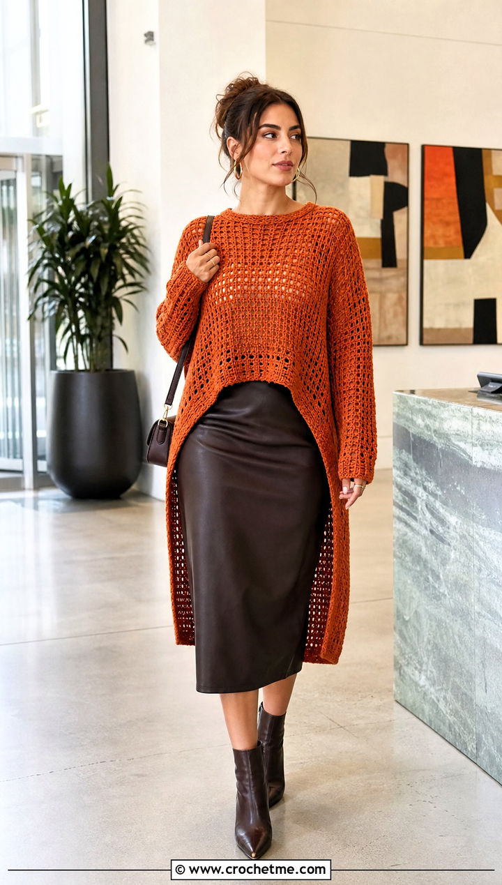High Low One Panel Crochet Sweater With Faux Leather Midi Skirt - 30 One Panel Crochet Sweater outfit ideas