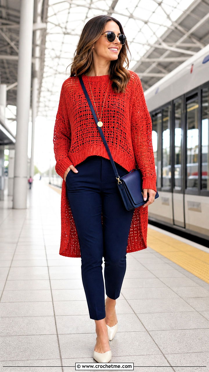 High Low Top Down Crochet Sweater With Slim Pants - 35 top down crochet sweater outfit ideas