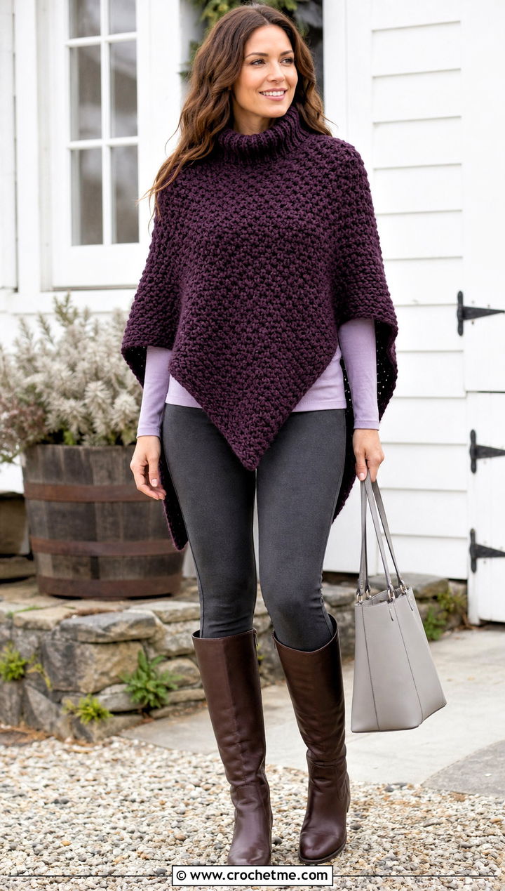 High Low Turtle Neck Crochet Poncho With Leggings And Riding Boots - 25 Turtle Neck Crochet Poncho outfit ideas