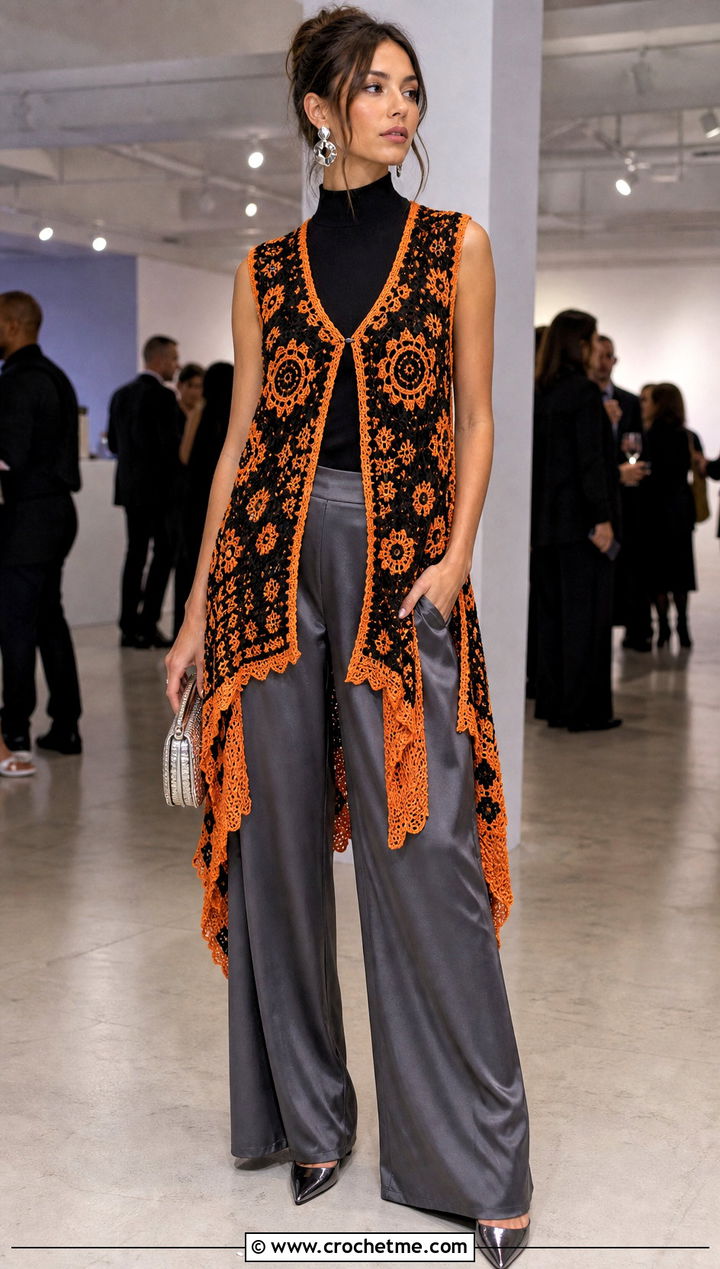 High Low Wednesday Crochet Vest With Satin Pants - 30 wednesday crochet vest outfit ideas