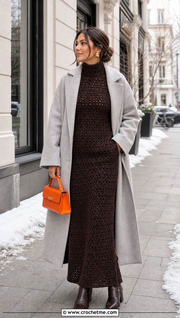 High Neck Brown Crochet Maxi Dress With Long Wool Coat - 20 brown crochet maxi dress outfit ideas