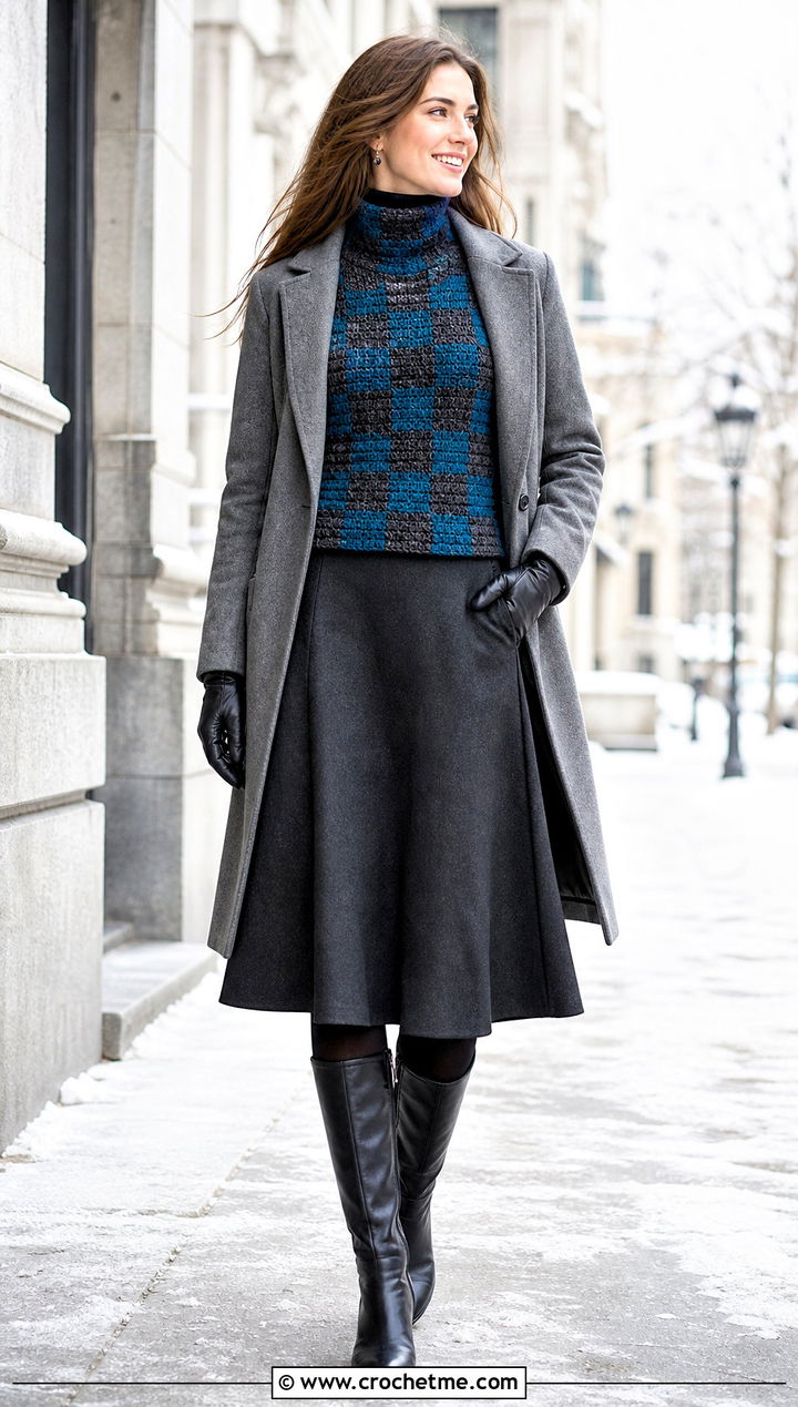 High Neck Checkerboard Vest With Wool Coat And Midi Skirt - 15 Crochet Wednesday Addams Vest outfit ideas
