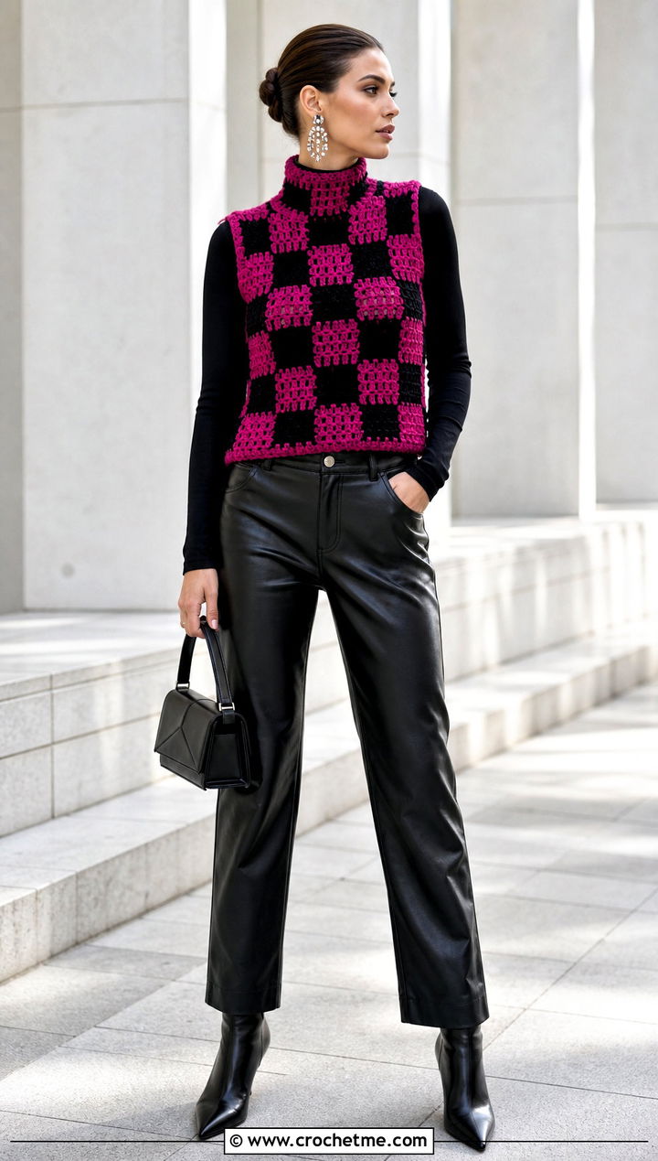 High Neck Checkered Crochet Vest With Leather Pants - 30 checkered crochet vest outfit ideas