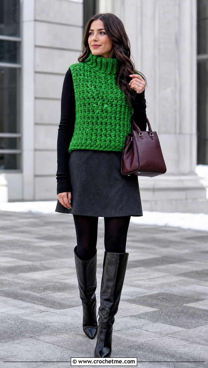 High Neck Chunky Crochet Vest With Mini Skirt - 20 Chunky Yarn Crochet Vest outfit ideas