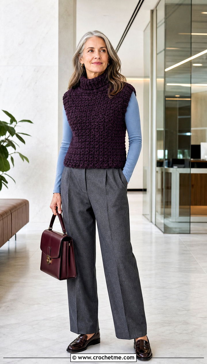 High Neck Chunky Crochet Vest With Pleated Trousers - 25 Chunky Crochet Vest outfit ideas