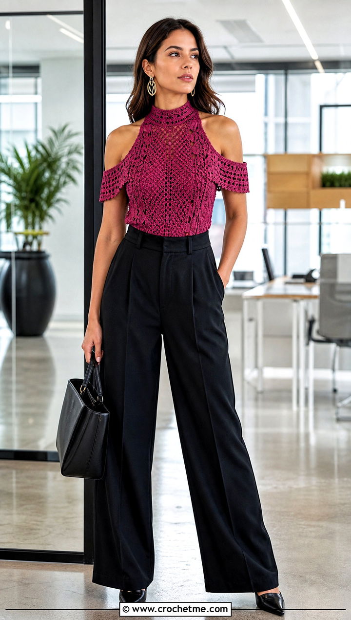 High Neck Cold Shoulder Crochet Top With Wide Leg Suit Pants - 25 Cold Shoulder Crochet Top outfit ideas