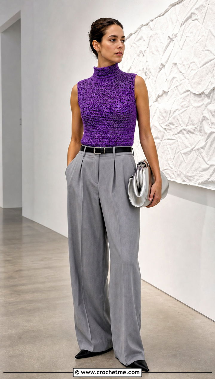 High Neck Crochet Army Tank With Pleated Pants - 30 crochet army tank outfit ideas