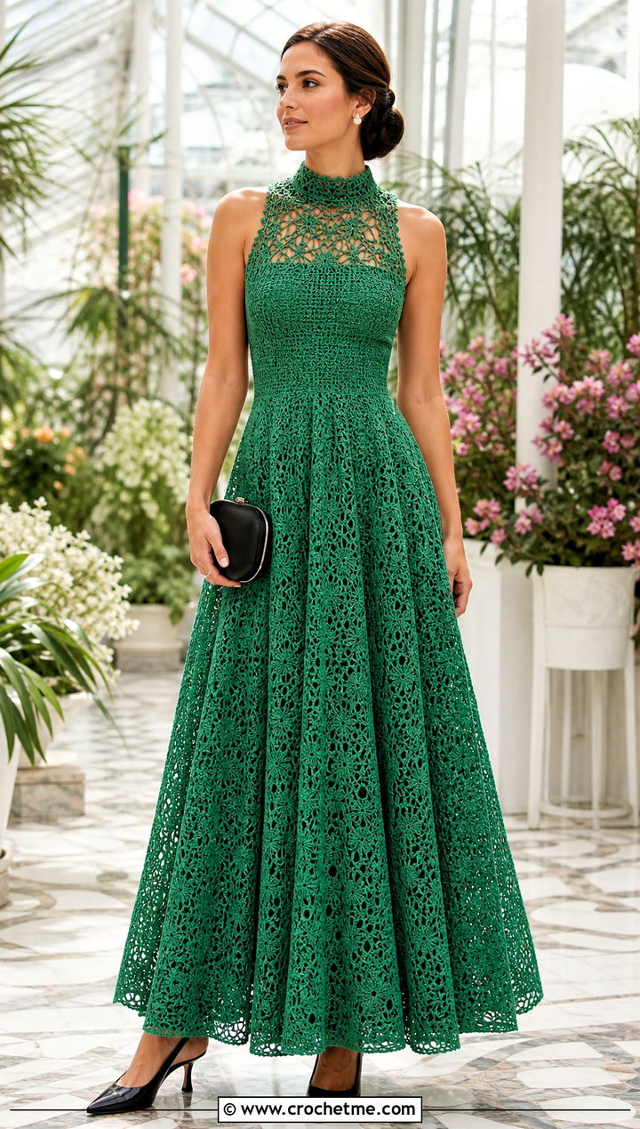 High Neck Crochet Ball Gown With Pearl Earrings - 30 crochet ball gown dress outfit ideas