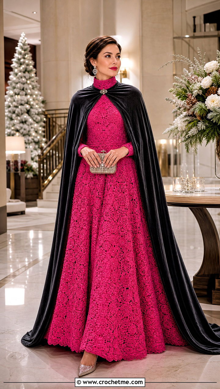 High Neck Crochet Ball Gown With Velvet Cape - 20 Crochet Ball Gown outfit ideas