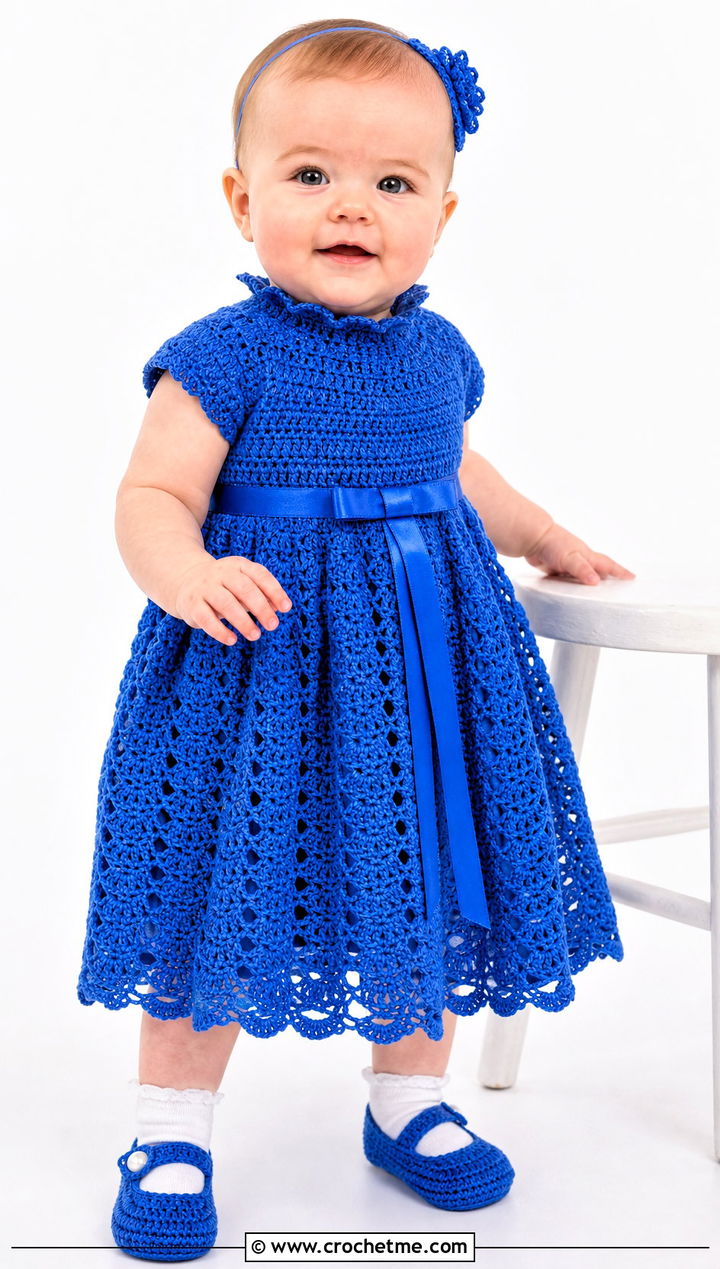 High Neck Crochet Blessing Dress With Pearl Button Shoes - 15 Crochet Blessing Dress outfit ideas