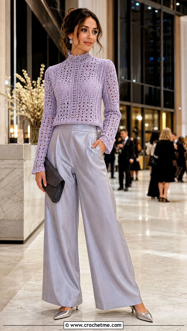 High Neck Crochet Blouse With Silver Trousers - 15 colorful crochet blouse design outfit ideas
