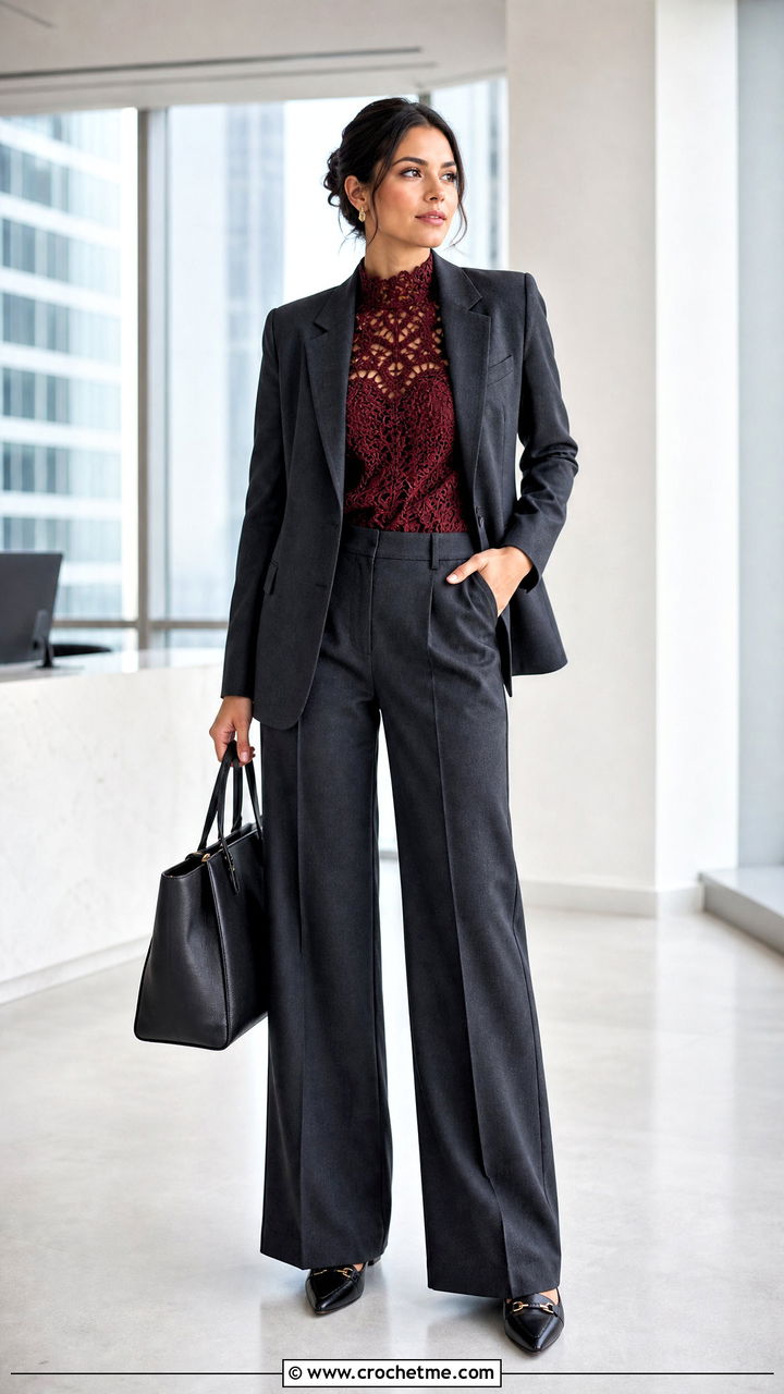 High Neck Crochet Blouse With Suit Pants - 35 crochet blouse outfit ideas